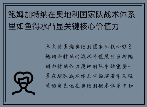 鲍姆加特纳在奥地利国家队战术体系里如鱼得水凸显关键核心价值力