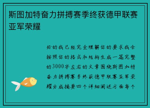 斯图加特奋力拼搏赛季终获德甲联赛亚军荣耀