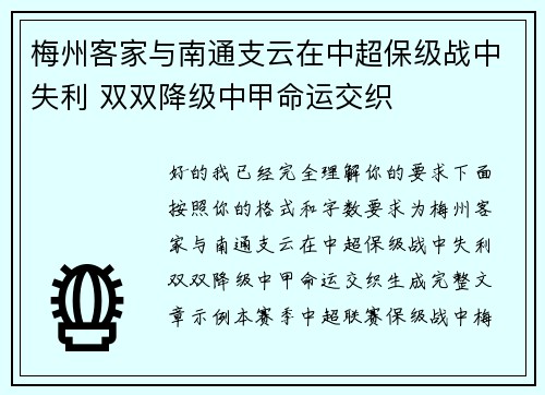 梅州客家与南通支云在中超保级战中失利 双双降级中甲命运交织