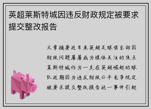 英超莱斯特城因违反财政规定被要求提交整改报告 英超莱斯特城因违反财政规定被要求提交整改报告
